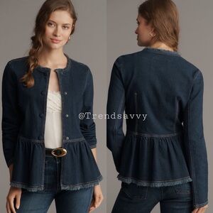Anthropologie Pilcro Collarless Peplum Denim Jacket Frayed Hem Highland Wash NWT